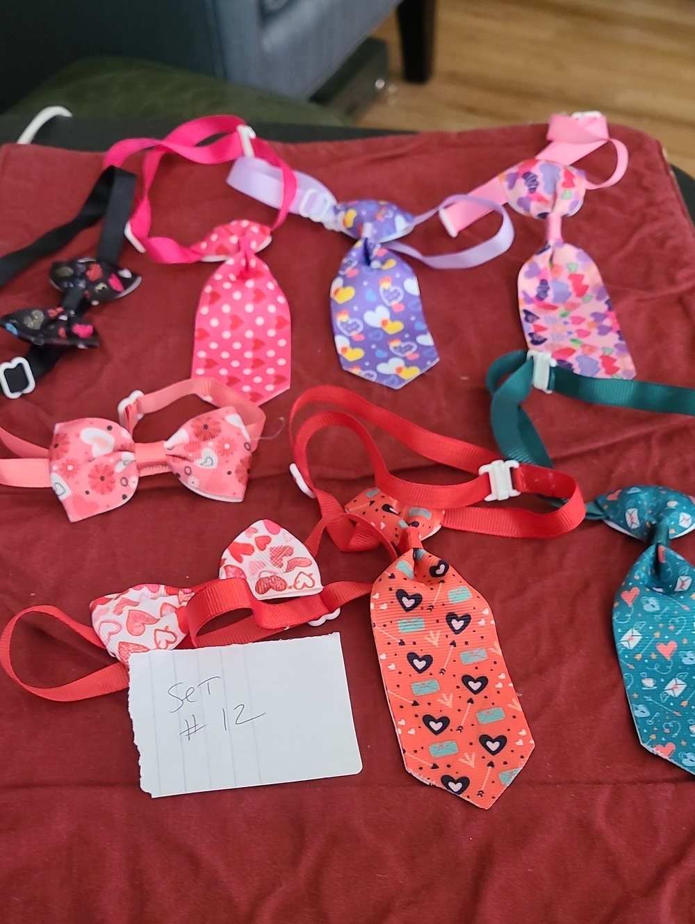 Pet Adjustable Heart Print Bow and Tie Sets - Pink, Red, Purple, Teal